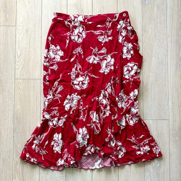 Zara Linen Blend Floral Wrap Midi Skirt in Red Women’s Size Large - Picture 2 of 10